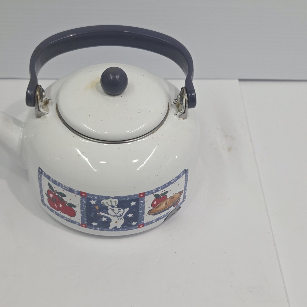 Vintage 1999 Pillsbury Doughboy Enamel Tea Kettle - Poppin Fresh 2 Qt Teapot